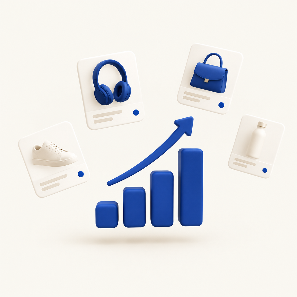 Product cards and a rising growth chart